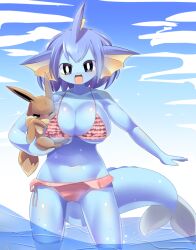 Rule 34 | 1girl, bikini, black eyes, blue hair, blue skin, blue sky, blush, breasts, cetacean tail, cleavage, cloud, colored skin, commentary request, cowboy shot, creature, creatures (company), eevee, fins, fish tail, frilled bikini, frills, furrification, furry, furry female, game freak, gen 1 pokemon, head fins, holding, holding creature, large breasts, lets0020, looking at viewer, medium bangs, nintendo, nose blush, ocean, one eye closed, open mouth, pink bikini, pokemon, pokemon (creature), short hair, sky, smile, solo, swimsuit, tail, vaporeon, water