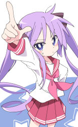 Rule 34 | 1girl, blue eyes, blush, blush stickers, cowboy shot, hair ornament, hair ribbon, hiiragi kagami, ixy, long hair, looking at viewer, lucky star, necktie, pleated skirt, pointing, pointing up, pout, purple hair, red necktie, red skirt, ribbon, ryouou school uniform, school uniform, serafuku, skirt, solo, sweatdrop, twintails, very long hair