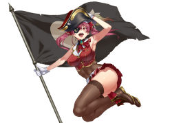 Rule 34 | 1girl, :d, armpits, ass, bad id, bad pixiv id, black thighhighs, boots, breasts, brown thighhighs, coat, eyepatch, flag, gloves, hand on headwear, hand up, hat, holding, holding flag, hololive, houshou marine, long hair, mizuryu kei, navel, open clothes, open coat, open mouth, pirate hat, purple hair, red eyes, simple background, smile, solo, teeth, thighhighs, tongue, twintails, two-sided coat, two-sided fabric, virtual youtuber, white background, white gloves