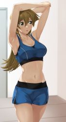Rule 34 | 1girl, armpits, arms up, bare arms, bare shoulders, blonde hair, blush, breasts, cleavage, collarbone, commentary request, commission, door, highres, indoors, long hair, medium breasts, midriff, navel, open mouth, rourou ill, shiny skin, shorts, simple background, skeb commission, sleeveless, solo, sports bra, sportswear, stomach, sweat, sweatdrop, tank top, tenjouin asuka, thighs, wooden floor, yellow eyes, yu-gi-oh!, yu-gi-oh! gx