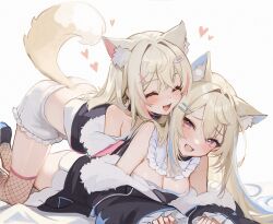 Rule 34 | 2girls, animal ear fluff, animal ears, bandaid, bandaid hair ornament, blonde hair, blue hair, breasts, cleavage, commentary, dog ears, dog girl, dog tail, fang, fishnet thighhighs, fishnets, fur-trimmed jacket, fur trim, fuwawa abyssgard, fuwawa abyssgard (1st costume), hair ornament, highres, hololive, hololive english, jacket, koahri, large breasts, long hair, mococo abyssgard, mococo abyssgard (1st costume), multicolored hair, multiple girls, open mouth, pink eyes, pink hair, siblings, sisters, skin fang, streaked hair, tail, thighhighs, twins, virtual youtuber