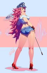 Rule 34 | 1girl, ass, big hair, blue eyes, blue shorts, breasts, capcom, cuffs, denim, denim shorts, final fight, from behind, full body, handcuffs, hat, high heels, large breasts, long hair, one eye closed, open mouth, peaked cap, pink hair, poison (final fight), riding crop, robaato, shoes, short shorts, shorts, smile, solo, street fighter, tank top, wink