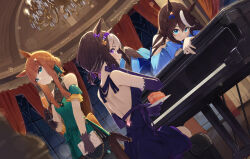 Rule 34 | 3girls, alternate costume, alternate hairstyle, animal ears, aqua eyes, back, black gloves, blue dress, blunt bangs, blurry, blurry foreground, bokeh, breasts, brown hair, cake, champagne flute, chandelier, closed mouth, clothing cutout, commentary request, cup, curtains, depth of field, dress, drinking glass, dutch angle, elbow gloves, food, glint, gloves, green dress, green eyes, hair bun, hair tucking, hairband, highres, holding, holding cup, holding plate, horse ears, horse girl, horse tail, indoors, instrument, long hair, looking at viewer, lying, multicolored hair, multiple girls, ningen gokko, on piano, on stomach, orange hair, parted lips, piano, piano bench, plate, purple eyes, purple gloves, short hair, short ponytail, silence suzuka (umamusume), sleeveless, sleeveless dress, small breasts, smile, special week (umamusume), standing, streaked hair, tail, tail through clothes, tokai teio (umamusume), umamusume, window, women&#039;s wallet