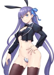 Rule 34 | 10s, 1girl, animal ears, ass, asymmetrical bangs, black bra, blazer, blue eyes, blue ribbon, blush, bra, breasts, brown thighhighs, closed mouth, cowboy shot, crop top, crotch plate, fake animal ears, fate/extra, fate/extra ccc, fate/grand order, fate (series), grey background, hair ribbon, jacket, juliet sleeves, long hair, long sleeves, looking at viewer, meltryllis (fate), michihasu, navel, open clothes, open jacket, puffy sleeves, purple hair, rabbit ears, ribbon, simple background, small breasts, solo, thighhighs, thighs, tsurime, underwear, very long hair
