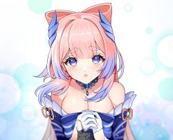 Rule 34 | 1girl, bare shoulders, blue hair, blunt bangs, bow-shaped hair, breasts, bubble background, choker, detached sleeves, fingerless gloves, genshin impact, gloves, gradient hair, hair ornament, highres, holding hands, jirafuru, light blush, long hair, looking at viewer, medium breasts, multicolored hair, out of frame, own hands clasped, own hands together, parted lips, pink hair, purple eyes, sangonomiya kokomi, sidelocks, thick eyebrows, upper body