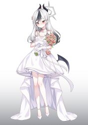 Rule 34 | 1girl, bare shoulders, black hair, blue archive, blush, bouquet, breasts, closed mouth, collarbone, demon horns, demon wings, dress, earrings, flower, full body, gloves, grey background, halo, high heels, highres, holding, holding bouquet, horns, jewelry, kayoko (blue archive), long hair, long sleeves, multicolored hair, orange flower, orange rose, picter, red eyes, rose, small breasts, solo, standing, strapless, strapless dress, two-tone background, two-tone hair, wedding dress, white background, white dress, white footwear, white gloves, white hair, wings