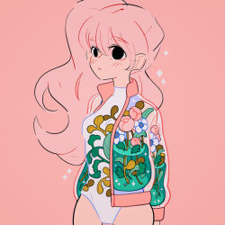 Rule 34 | 1girl, bad id, bad instagram id, black eyes, breasts, collaboration, cowboy shot, flower, hair between eyes, jacket, leotard, liquid, long hair, long sleeves, meyoco, open clothes, open jacket, original, parted lips, pink background, pink flower, pink hair, plant, print jacket, print leotard, simple background, solo, sparkle, stephanie priscilla, very long hair, white flower, white leotard