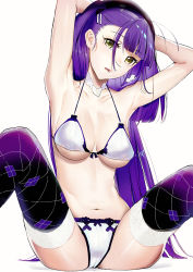 Rule 34 | 1girl, armpits, bare arms, blue eyes, blunt bangs, bra, breasts, dan evan, eyes visible through hair, hair ornament, hairclip, hands up, highres, large breasts, long hair, looking at viewer, mole, mole under eye, navel, original, panties, parted lips, purple hair, purple thighhighs, solo, spread legs, thighhighs, two side up, underwear, underwear only, very long hair, wet, white bra, white panties, yellow eyes