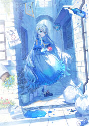 Rule 34 | 1girl, alley, animal, apple, aqua ribbon, bird, black footwear, blue butterfly, blue capelet, blue dress, blue eyes, blue flower, blue hair, blue theme, bottle, bow, broken bottle, bucket, bug, building, butterfly, can, capelet, closed mouth, commentary request, crushed can, day, dress, english text, flower, flower pot, food, footwear bow, frilled dress, frilled sleeves, frills, fruit, full body, hair ornament, hands up, highres, holding, holding food, holding fruit, insect, light smile, long dress, long hair, long sleeves, looking at viewer, looking to the side, multicolored hair, neck ribbon, orange bow, original, outdoors, paint, plant, potted plant, puddle, puffy long sleeves, puffy sleeves, red flower, ribbon, shi-ro, shoes, socks, solo, spill, standing, streaked hair, trash bag, very long hair, white hair, white socks, window