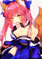 Rule 34 | 10s, 1girl, animal ear fluff, animal ears, bad id, bad pixiv id, bare shoulders, blue bow, blue thighhighs, blush, bow, breasts, choker, cleavage, detached sleeves, eyebrows, fang, fate/extra, fate (series), fox ears, fox tail, fujikiri yana, gradient background, grey background, hair bow, highres, long hair, looking at viewer, medium breasts, open mouth, pink hair, solo, tail, tamamo (fate), tamamo no mae (fate/extra), tears, thighhighs, twintails, yellow eyes
