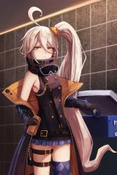 Rule 34 | 1girl, ahoge, anizi, bare shoulders, belt, black belt, black gloves, breasts, can, commentary, girls&#039; frontline, glasses, gloves, hair between eyes, highres, holding, jacket, long hair, looking at viewer, off shoulder, pkp (girls&#039; frontline), side ponytail, silver hair, single thighhigh, small breasts, solo, thighhighs, very long hair, yellow eyes