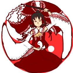 Rule 34 | 1girl, arm up, ascot, black hair, black ribbon, bow, detached sleeves, frilled bow, frilled sleeves, frills, gohei, hair bow, hakurei reimu, holding ball, justin hsu, oversized clothes, ponytail, red bow, ribbon, round image, solo, symbol, touhou, yin yang
