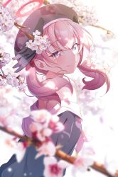 Rule 34 | 1girl, beret, black wings, blue archive, blush, cherry blossoms, feathered wings, flower, halo, hat, head wings, highres, koharu (blue archive), long hair, looking at viewer, off shoulder, petals, pink eyes, pink flower, pink hair, sasatabekung, school uniform, smile, solo, tears, twintails, winged hat, wings