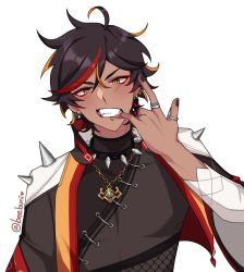 Rule 34 | 1boy, beebunii, bishounen, black hair, black nails, blush, brown hair, choker, commentary, dark-skinned male, dark skin, earrings, english commentary, finger in own mouth, fishnets, genderswap, genderswap (ftm), genshin impact, gold necklace, grin, highres, jacket, jewelry, lip piercing, looking at viewer, m/, multicolored hair, nail polish, necklace, open clothes, open jacket, open mouth, orange hair, piercing, red hair, ring, shoulder spikes, smile, solo, sparkle, spiked choker, spikes, streaked hair, symbol-only commentary, teeth, twitter username, white background, xinyan (genshin impact), yellow eyes