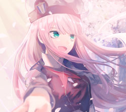 Rule 34 | 10s, 1girl, :d, blue eyes, darling in the franxx, day, floating hair, hat, highres, long hair, long sleeves, nomuraumu, open mouth, outdoors, outstretched arms, pink hair, smile, solo, upper body, very long hair, zero two (darling in the franxx)