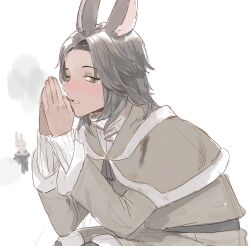 Rule 34 | 1boy, animal ears, blush, coat, final fantasy, final fantasy xiv, from side, gg dal, grey coat, grey hair, looking at viewer, looking to the side, male focus, own hands together, rabbit ears, sideways glance, sitting, smile, solo, viera, warrior of light (ff14)