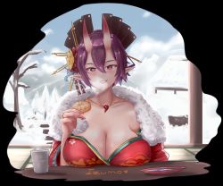Rule 34 | alcohol, azur lane, bad id, bad pixiv id, breasts, breath, cleavage, cup, fingernails, food, hair ornament, heart, heart-shaped pupils, highres, horns, izumo (azur lane), izumo (izumo&#039;s thousand cherry trees) (azur lane), izumo (izumo&#039;s thousand cherry trees) (azur lane), jewelry, makeup, necklace, official alternate costume, pointy ears, purple hair, red eyes, ring, roosterf2p, sakazuki, sake, snow, solo, symbol-shaped pupils, tatami, tree, winter