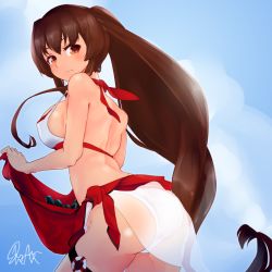 Rule 34 | 1girl, ass, bikini, blue sky, brown hair, cloud, cowboy shot, kantai collection, long hair, looking at viewer, one-hour drawing challenge, ponytail, red eyes, righgi, sarong, signature, sky, solo, standing, swimsuit, white bikini, yamato (kancolle)