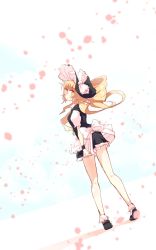 Rule 34 | 1girl, apron, black dress, black hat, blonde hair, blush, bow, braid, breasts, cherry blossoms, dress, floating hair, foreshortening, frilled skirt, frilled socks, frills, full body, hair bow, hat, hat bow, highres, kirisame marisa, legs, long hair, looking at viewer, looking back, mary janes, medium breasts, non (z-art), puffy short sleeves, puffy sleeves, shoes, short sleeves, simple background, single braid, skirt, socks, solo, tiptoes, touhou, very long hair, waist apron, white background, white bow, witch hat, wristband, yellow eyes