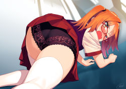 Rule 34 | 1girl, all fours, ass, black panties, black vest, blew andwhite, blush, embarrassed, fang, from behind, hair tie, highres, hisakawa kaede, lace, lace-trimmed panties, lace trim, looking at viewer, nose blush, on ground, one eye closed, open mouth, orange hair, original, panties, pleated skirt, red-framed eyewear, red skirt, shirt, short sleeves, sidelocks, signature, skirt, solo, thighhighs, twintails, underwear, vest, white shirt, white thighhighs, yellow eyes
