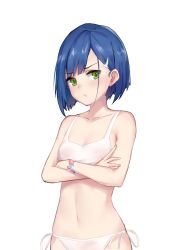Rule 34 | 1girl, absurdres, bare arms, bare shoulders, bikini, blue hair, blush, bracelet, breasts, cleavage, closed mouth, collarbone, crossed arms, darling in the franxx, food, fruit, green eyes, hair ornament, hair ribbon, hairclip, highres, ichigo (darling in the franxx), jewelry, looking at viewer, navel, petite, ribbon, short hair, side-tie bikini bottom, simple background, small breasts, solo, standing, stomach, swimsuit, upper body, v-shaped eyebrows, white background, white bikini, white ribbon, yoruciel