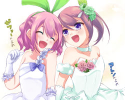 Rule 34 | 2girls, bare shoulders, blue eyes, blush, breasts, choker, dress, closed eyes, flower, frills, gloves, hair ornament, hairclip, highres, kana (tales), multiple girls, open mouth, pink hair, rose, sara (tales), short hair, side ponytail, tales of (series), tales of link, white dress