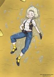 Rule 34 | 1girl, android 18, black footwear, black gloves, blonde hair, capri pants, cell (dragon ball), denim, dragon ball, closed eyes, gloves, highres, jeans, jewelry, mary janes, nashdnash2007, necklace, pants, pearl necklace, shoes, slime, socks, twitter username, unconscious, watermark