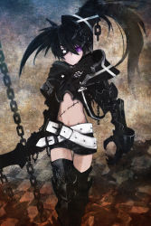 Rule 34 | 10s, 1girl, armor, auer, bad id, bad pixiv id, belt, belt skirt, black hair, black rock shooter, chain, eyepatch, highres, insane black rock shooter, purple eyes, scar, short shorts, shorts, solo, thighhighs, twintails