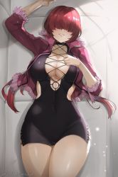 Rule 34 | 1girl, absurdres, blush, breasts, cleavage, covered navel, hair over eyes, halterneck, highres, jewelry, large breasts, long hair, low twintails, lying, on back, parted lips, red hair, ritence, shermie (kof), smile, solo, tagme, the king of fighters, the king of fighters xv, thighs, twintails