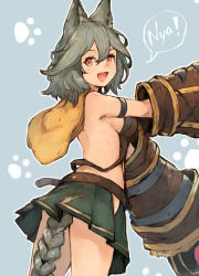Rule 34 | 1girl, :d, absurdres, animal ears, back, bad id, bad pixiv id, blue background, breasts, cat ears, claw (weapon), commentary request, cowboy shot, erune, fang, from side, granblue fantasy, grey hair, hair between eyes, highres, hip vent, koretsuki azuma, looking at viewer, medium breasts, open mouth, outline, paw print, pleated skirt, red eyes, sen (granblue fantasy), skirt, smile, speech bubble, weapon