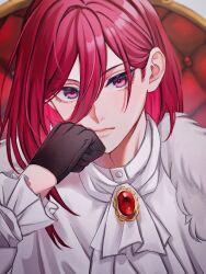 Rule 34 | 1boy, absurdres, androgynous, blue lock, chigiri hyoma, closed mouth, commentary, elbow gloves, gloves, hair between eyes, hand up, highres, kyul gnsn, long hair, long sleeves, looking at viewer, male focus, pink eyes, pink hair, solo