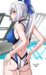 Rule 34 | 1girl, ass, back, bad id, bad pixiv id, blue bow, blue one-piece swimsuit, blush, bow, breasts, competition swimsuit, fate/grand order, fate (series), hair bow, highleg, highleg swimsuit, highres, john mangalile, large breasts, long hair, looking at viewer, looking back, one-piece swimsuit, parted lips, ponytail, red eyes, rei no pool, silver hair, swimsuit, thighs, tomoe gozen (fate), tomoe gozen (swimsuit saber) (fate), tomoe gozen (swimsuit saber) (first ascension) (fate), two-tone swimsuit, white one-piece swimsuit