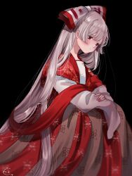 Rule 34 | 1girl, black background, blush, bow, closed mouth, commentary request, dress, fujiwara no mokou, grey hair, hair bow, highres, long hair, long sleeves, looking at viewer, mokoiscat, red eyes, sidelocks, signature, simple background, solo, touhou, very long hair, white bow