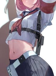 Rule 34 | 1girl, armband, arms up, belt, belt pouch, blue archive, blue sailor collar, blue skirt, breasts, chest harness, closed mouth, cowboy shot, film grain, ggoc ill, harness, head out of frame, holstered, light blush, long sleeves, midriff, navel, neckerchief, niko (blue archive), pink hair, pouch, red neckerchief, sailor collar, school uniform, serafuku, shadow, simple background, skirt, small breasts, solo, stomach, white belt, white serafuku