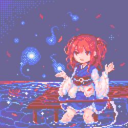 Rule 34 | 1girl, blue dress, bridge, commentary request, dress, flower, ghost, hair bobbles, hair ornament, highres, looking at viewer, medium hair, obi, onozuka komachi, open mouth, outdoors, pii 614, pixel art, red eyes, red hair, sash, scythe, sitting, solo, spider lily, touhou, two side up, wading