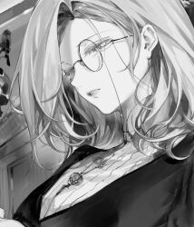 Rule 34 | 1girl, asymmetrical bangs, black dress, close-up, dress, dreya (path to nowhere), glasses, greyscale, highres, jewelry, medium hair, moaomao mo, monochrome, necklace, parted lips, path to nowhere, portrait, round eyewear, shirt, solo, white shirt