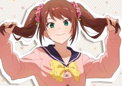Rule 34 | 1boy, blue sailor collar, bow, bowtie, brown hair, buttons, bxksb6384, cardigan, collarbone, green eyes, grey background, hair ornament, hands up, highres, idolmaster, idolmaster side-m, long hair, long sleeves, looking at viewer, mizushima saki, pink cardigan, pink scrunchie, playing with own hair, sailor collar, scrunchie, sidelocks, smile, solo, star (symbol), star hair ornament, striped, striped background, trap, twintails, upper body, yellow bow, yellow bowtie