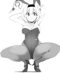 Rule 34 | 1girl, ?, @ @, alice margatroid, alternate costume, animal ears, arms up, bad id, bad twitter id, bare arms, bare shoulders, breasts, cleavage, full body, greyscale, hairband, high heels, highleg, highleg leotard, kamukamu (ars), leotard, looking at viewer, medium breasts, mind control, monochrome, open mouth, pantyhose, playboy bunny, rabbit ears, shoes, short hair, sketch, solo, spoken question mark, squatting, touhou