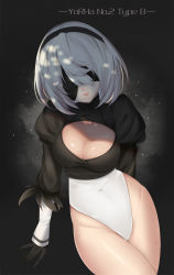 Rule 34 | 1girl, 2b (nier:automata), arm at side, arm behind back, bad id, bad pixiv id, black dress, black footwear, black gloves, black hairband, black shirt, blindfold, boots, breasts, character name, cleavage, cleavage cutout, closed mouth, clothing cutout, covered eyes, cowboy shot, cropped shirt, curvy, dress, feather-trimmed sleeves, feather trim, gloves, groin, hair over eyes, hairband, highleg, highleg leotard, highres, juliet sleeves, large breasts, legs together, leotard, long sleeves, medium breasts, nier:automata, nier (series), nizuma maruko, no mole, no pants, pink lips, puffy sleeves, shiny skin, shirt, short hair, silver hair, skirt, solo, standing, sweat, turtleneck, unworn skirt, vambraces, white leotard, wide hips