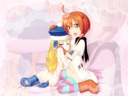Rule 34 | 2girls, :d, ahoge, angry, animal ears, animal hands, ass, atlus, bed, bed sheet, belt, blonde hair, blue eyes, blue thighhighs, bob cut, breasts, caryo, claws, collar, dog ears, dog tail, dress, etrian odyssey, fang, flat chest, from behind, fur trim, gloves, grabbing, grabbing another&#039;s breast, green eyes, groin, gunner (sekaiju), hand on another&#039;s head, hand on shoulder, hat, hug, lace, leaning, long hair, looking at viewer, looking back, medic, medic (sekaiju), medic 2 (sekaiju), multicolored clothes, multicolored legwear, multiple girls, no bra, no panties, nude, open clothes, open mouth, orange hair, paw gloves, paw shoes, pink legwear, sailor dress, shoes, short hair, sitting, small breasts, smile, soles, spread legs, striped clothes, striped legwear, striped thighhighs, tail, takeda yukimura, thighhighs, yuri, zoom layer