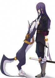 Rule 34 | 1boy, bandages, black coat, black pants, chain, closed eyes, coat, dog, dog tail, highres, long hair, pants, petting, purple hair, repede (tales), sakusab g, simple background, smile, sword, tail, tales of (series), tales of vesperia, weapon, white background, yuri lowell