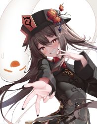 Rule 34 | 1girl, black hat, black nails, blush, brown hair, closed eyes, flower, genshin impact, ghost, half-closed eyes, hat, hat flower, highres, hu tao (genshin impact), long sleeves, looking at viewer, nail polish, open mouth, outstretched hand, reaching, reaching towards viewer, red eyes, simple background, smile, solo, symbol-shaped pupils, teeth, top hat, twintails, upper body, veca, white background