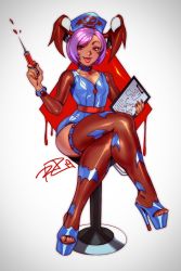 Rule 34 | 1girl, 2019, :p, animal print, bat print, belt, blood, blue dress, blue footwear, clipboard, collar, commentary, crossed legs, dark-skinned female, dark skin, dress, english commentary, flat chest, full body, hat, head wings, legs, lilith aensland, long legs, looking at viewer, microdress, nail polish, naughty face, nurse, nurse cap, penetration gesture, platform footwear, platform heels, platform mules, purple hair, raglan sleeves, red belt, red eyes, robaato, see-through, see-through legwear, short hair, signature, sitting, solo, stool, studded bracelet, studded collar, sweat, syringe, thick thighs, thighhighs, thighs, toenail polish, toenails, toes, tongue, tongue out, vampire (game), wide hips, wings