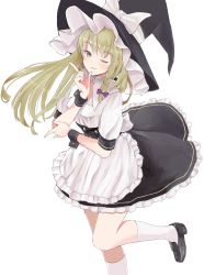 Rule 34 | 1girl, apron, black dress, black footwear, black hat, blonde hair, blush, bow, braid, commentary request, dress, foot out of frame, hair bow, hair ribbon, hat, hat bow, highres, index finger raised, kirisame marisa, kneehighs, long hair, looking at viewer, one eye closed, parted lips, petticoat, purple bow, ribbon, shirt, side braid, simple background, single braid, smile, socks, solo, standing, standing on one leg, touhou, tress ribbon, waist apron, white apron, white background, white bow, white shirt, white socks, witch hat, wrist cuffs, yamabukiiro (browncat), yellow eyes