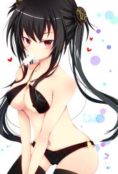 Rule 34 | 1girl, bikini, black bikini, black hair, bloodcatblack, breasts, cleavage, food, highres, long hair, mouth hold, phantasy star, phantasy star online 2, ponytail, popsicle, red eyes, solo, swimsuit, thighhighs, twintails