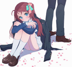 Rule 34 | 1boy, 1girl, blue eyes, cherry blossoms, closed mouth, collared shirt, dot mouth, dot nose, expressionless, fetal position, flower, full body, gogat8, hair ornament, hair ribbon, highres, hugging own legs, jacket, jacket on shoulders, kneehighs, knees to chest, knees up, loafers, long sleeves, looking at viewer, minamoto sakura, on ground, petals, pleated skirt, red hair, ribbon, school uniform, shirt, shoes, simple background, sitting, skirt, socks, solo focus, tatsumi koutarou, uniform, white background, white shirt, white skirt, zombie land saga