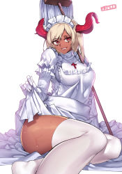 Rule 34 | 1girl, apron, bad id, bad pixiv id, blonde hair, clothes lift, dark-skinned female, dark skin, demon girl, demon horns, dress, dress lift, horns, jjune, long sleeves, looking at viewer, maid, maid apron, maid headdress, mop, no panties, original, red eyes, sitting, smile, solo, sweat, thighhighs, thighs, white dress, white thighhighs