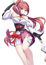 Rule 34 | 1girl, arm up, bare shoulders, black gloves, breasts, cleavage, closed mouth, commentary request, elbow gloves, feet out of frame, fingerless gloves, glimmer (xenoblade), gloves, highres, holding, large breasts, long hair, long sleeves, pleated skirt, ponytail, purple skirt, red eyes, red hair, ririko (zhuoyandesailaer), simple background, skirt, smile, solo, standing, standing on one leg, v-shaped eyebrows, very long hair, white background, wide sleeves, xenoblade chronicles (series), xenoblade chronicles 3, xenoblade chronicles 3: future redeemed