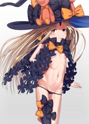 Rule 34 | 1girl, :p, abigail williams (fate), abigail williams (second ascension) (fate), absurdres, asymmetrical legwear, black bow, black hat, black panties, black thighhighs, blonde hair, blush, bow, closed mouth, commentary request, eyes visible through hair, fate/grand order, fate (series), grey background, groin, hat, hat bow, highres, keyhole, long hair, looking at viewer, lowleg, lowleg panties, navel, orange bow, panties, parted bangs, print bow, red eyes, revealing clothes, sanpeita, single thighhigh, smile, solo, star (symbol), star print, stuffed animal, stuffed toy, teddy bear, thighhighs, tongue, tongue out, topless, underwear, uneven legwear, very long hair, witch hat