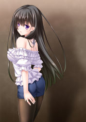Rule 34 | 1girl, absurdres, argenteumastrum, ass, black hair, black pantyhose, breasts, frilled shirt, frills, gradient background, gradient hair, highres, long hair, looking at viewer, looking back, multicolored hair, open mouth, original, pantyhose, purple eyes, shirt, skirt, solo, strap gap, very long hair